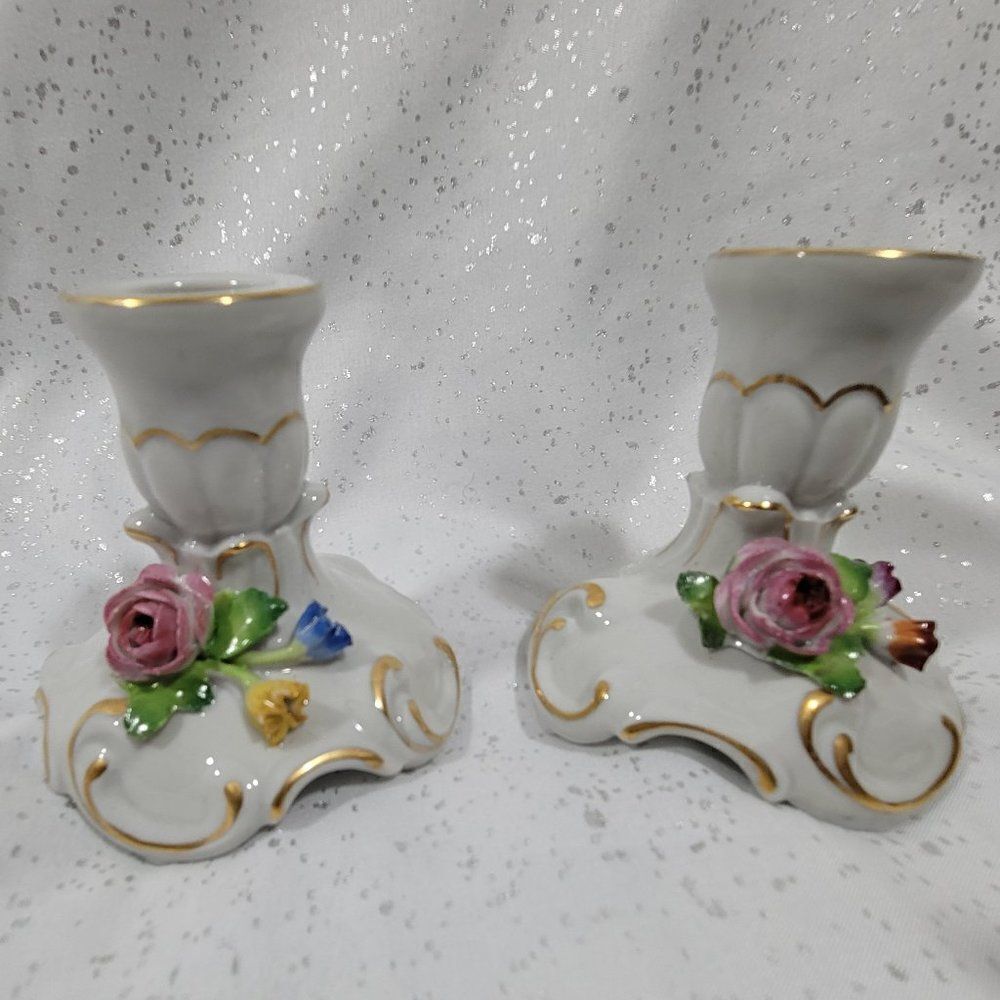 Vintage Ceramic Candlestick Handpainted Set of 2 - Picture 2 of 4